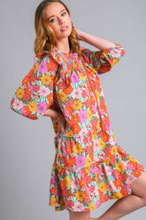 Umgee Full Size Ruffled Flower Print Tie Neck Tiered Dress Plus Size OutfitFlow